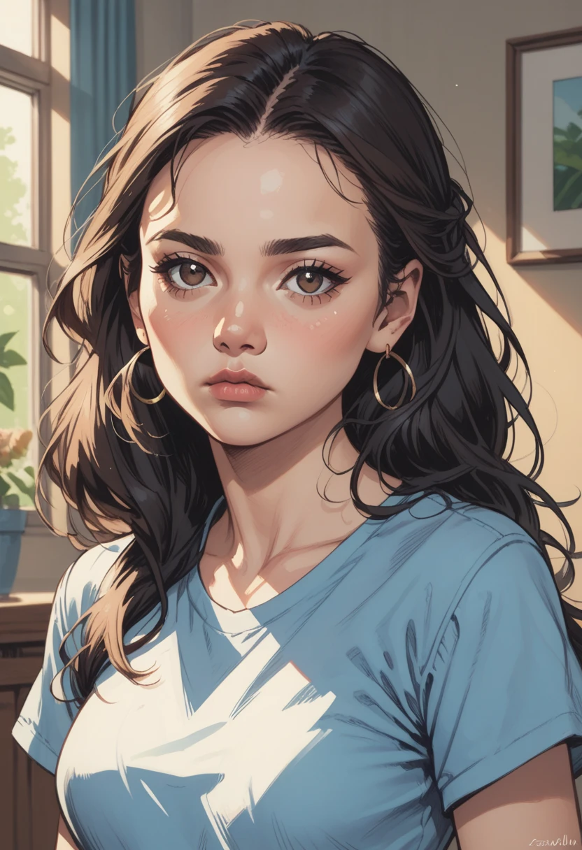 Amazing portrait of a sexy and woman with a beautiful face with seductive eyes gazing intensely at me with her soft lips parted in anticipation of a kiss which is making her blush intensely her lips are also curved in a soft smile she has her luscious black hair in a cute bun wearing a black and white striped t shirt and a dark green skirt paired with some elegant earrings her t shirt showing her medium chest and perfect body off