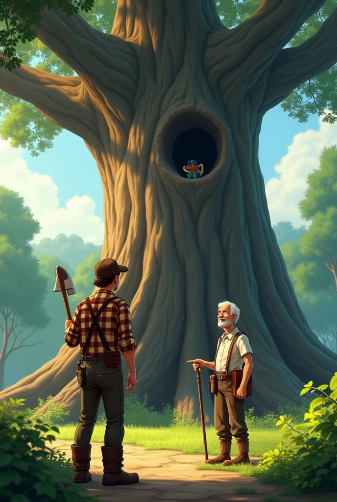 Tree Guy Animation Create a detailed animated scene of a lumberjack standing beside a ...