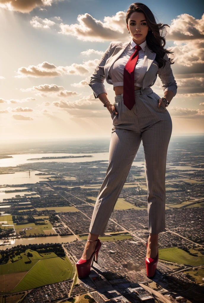 Giantess art, giga giantess, sophisticated and stylish woman in a light grey italian pinstriped trouser suit, form fitting white shirt, and a large wide red necktie in a windsor knot, with a beautiful, curvaceous figure, large natural breasts, and long hair, with a curvaceous figure and massive breasts. wearing red rounded platform high heels with uncovered feet and standing, rampage-like pose, with a cityscape background of mega-city, urban sprawl, and small towns, partially obscured by a hazy, cloudy atmosphere. The image is a high-resolution, masterpiece-quality, cinematic, ultra-detailed, and hyper-photorealistic photograph, with perfect hands, face, and lighting. ultra-detailed, 8K, photo-realistic, hyper-realistic, masterpiece, intricate details, full body view. Looking at camera, The image is a high-resolution, masterpiece-quality, cinematic, ultra-detailed, and hyper-photorealistic photograph, with perfect hands, face, and lighting. ultra-detailed, 8K, photo-realistic, hyper-realistic, masterpiece, intricate details, full body view