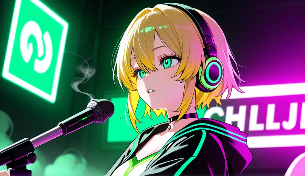 young minimalist blonde woman with charismatic appearance 3d chill dj headphones, smoke, neon green light