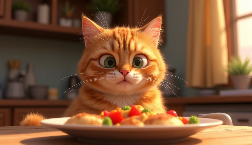 Pixar animated 3D image with vibrant color. Cute fat cat with dark orange fur with straight white stripes. Hungry face because of seeing a plate full of side dishes on the table.