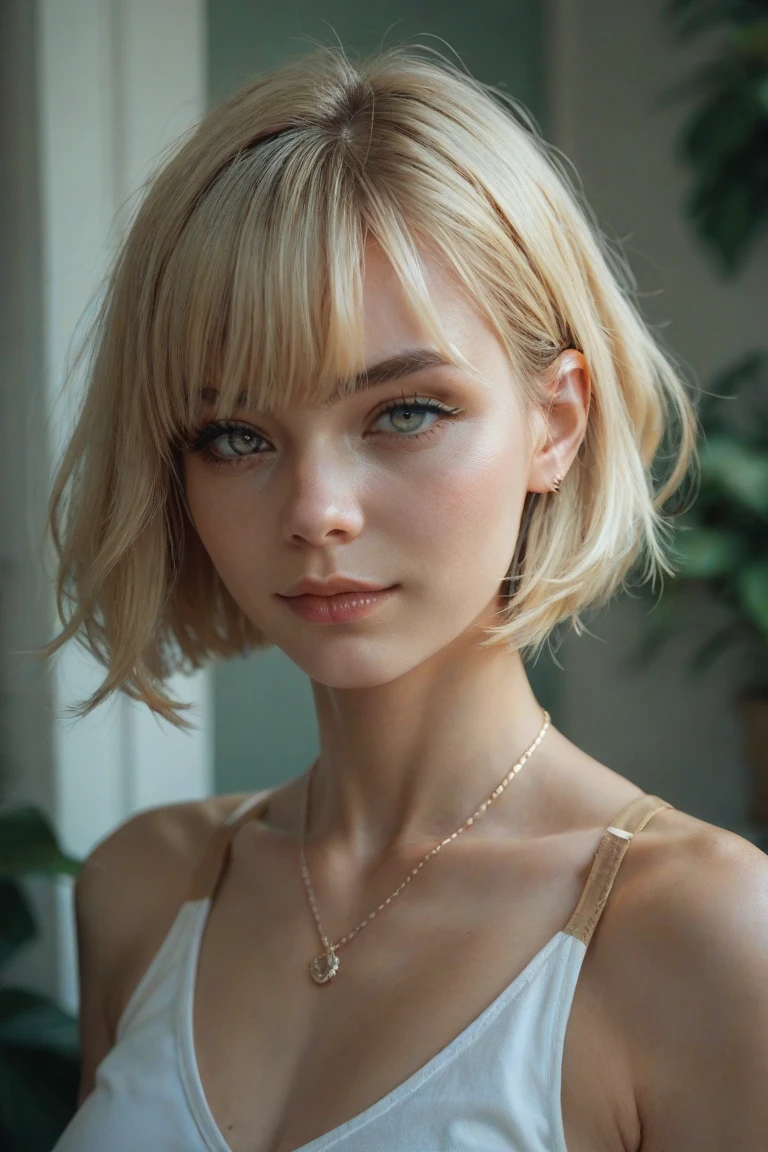 18yo girl, blonde hair, v-neck, neckline, bangs, light eyes, short hair