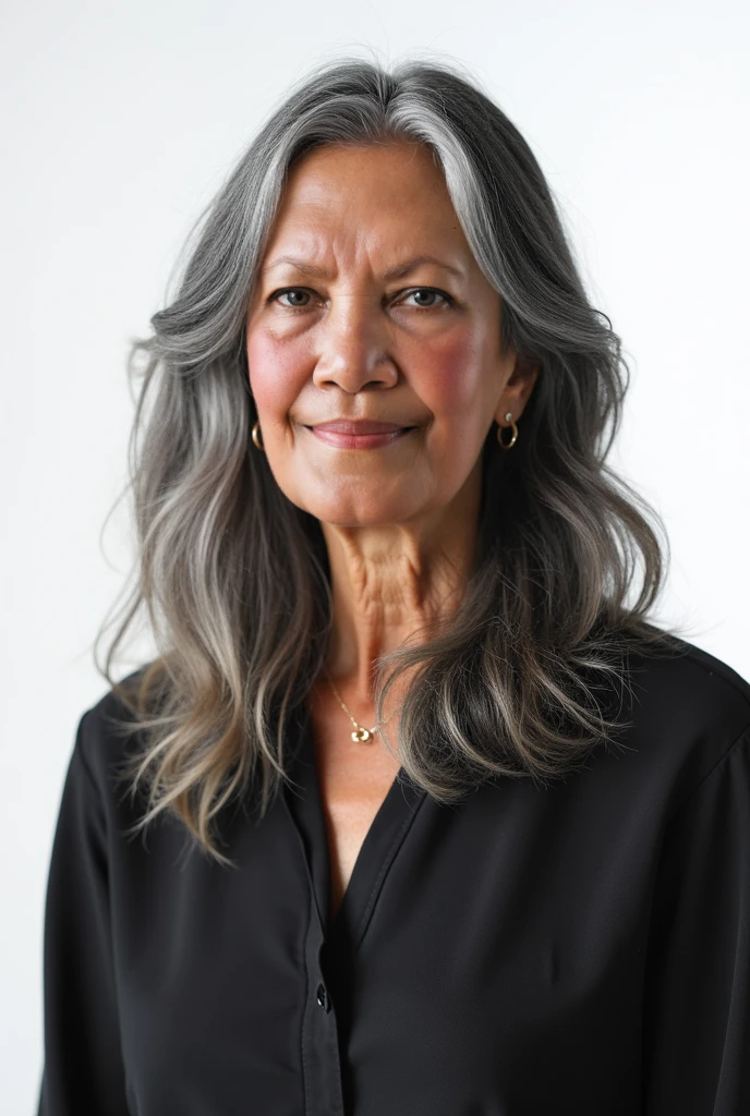 Chubby woman with big eyebrows, tanned skin, and wavy white hair