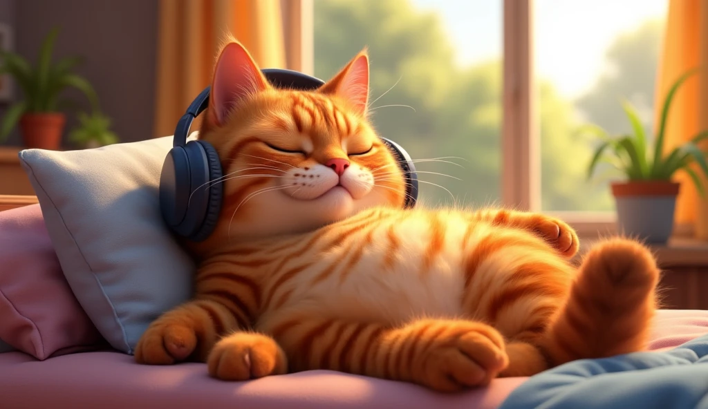 Pixar animated 3D image with vibrant color. Cute fat cat with dark orange fur with straight white stripes. Wearing headphones, pillow, sleeping relaxed in the window of the house.