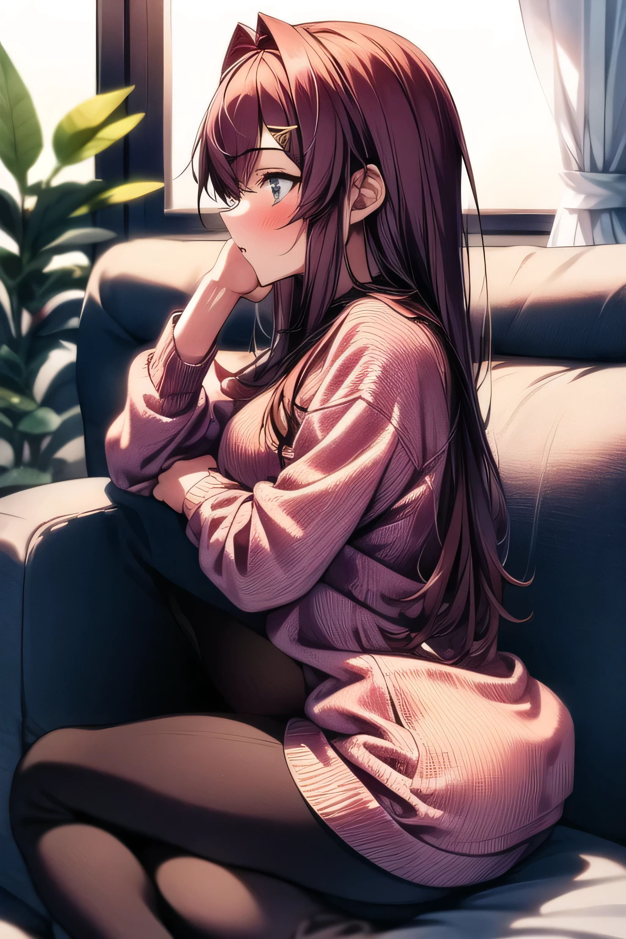 masterpiece, 1 girl, 18 years old, Alone ,Melancholy profile, I'm going to look up, miniskirt, Winter clothes, Loungewear, Fluffy,   lean forward ,  pant stockings, Sitting beside me on the couch, close, 