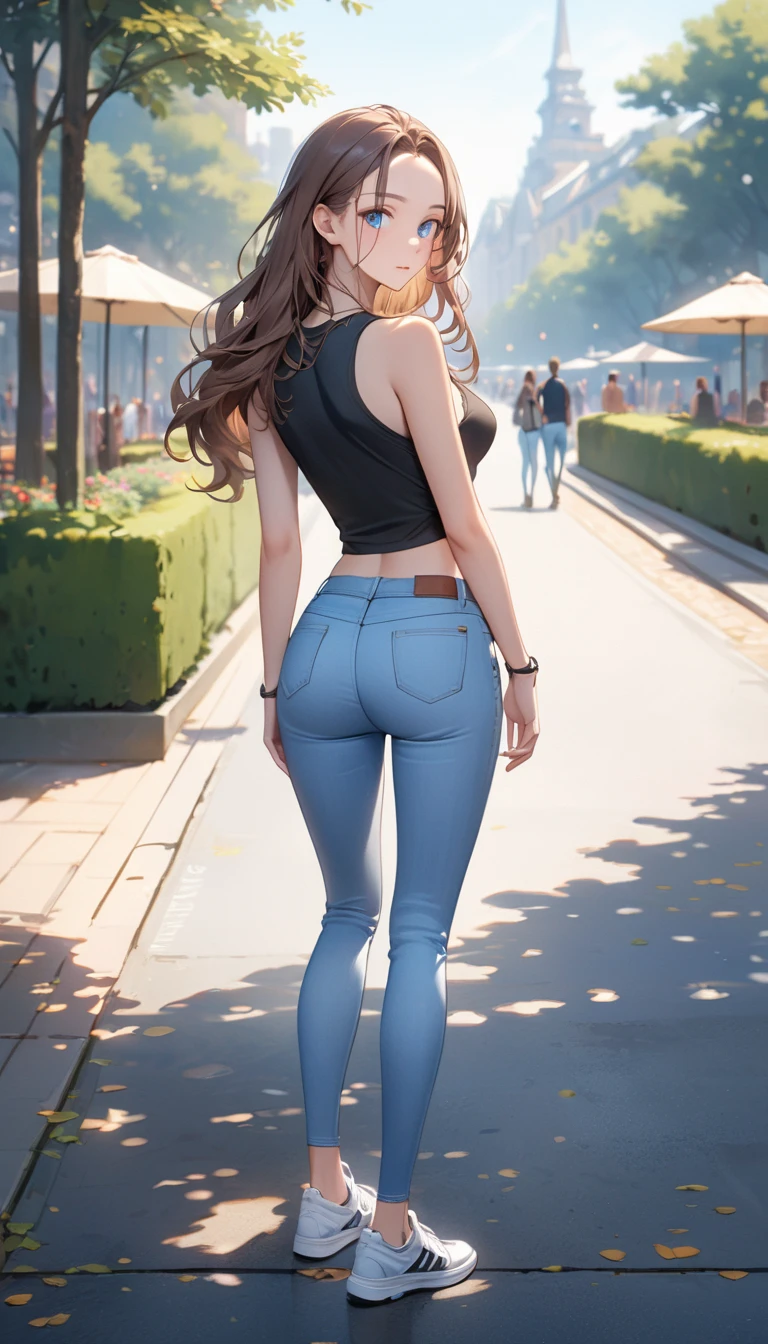 masterpiece, high quality, best quality,1girl, brown hair, blue sky, cloud, cloudy sky, day, long hair, wide hips, fat ass, looking back over, cityscape, cobblestone_street, black t-shirt, yong female, smiling, outdoors, jeans, sky, solo, sunlight, tree, (best quality:1.2), (ultra-detailed:1.2), (beautiful detailed eyes:1.1)