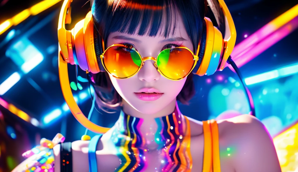 Create an epic album cover featuring a woman wearing a colorful top, headphones and sunglasses for "Electronic Pop"