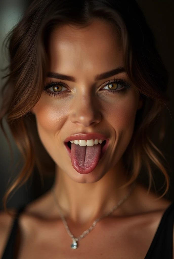 1girl, from below, pov, front face, eyelash, eye shadow, brown hair, lips, brown eyes, open mouth, ((licking )), (holding :1), tongue out, troubled eyebrows, (upturned eyes), necklace, (smile:1.3), (wet hair:0.35), (sweat), makeup, earrings, RAW photo, best quality, masterpiece, ultra detailed, realistic,