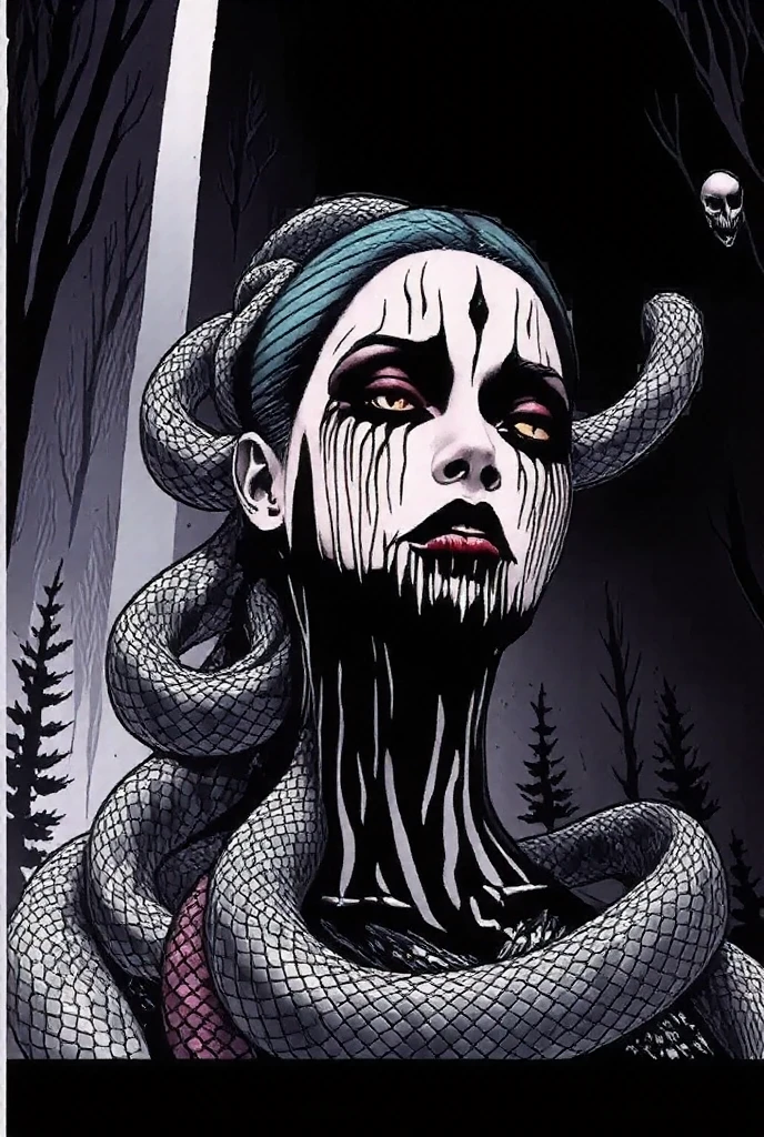 An expressive unfinished sketch featuring a hairless figure in a maxi dress. The figure has snakes on their head with accurate snake bodies, snake scales, and a snake tail rattle. The drawing includes ornate corpsepaint blackmetal facepaint, resembling Grace Jones. The style blends the art aesthetics of Sean Gordon Murphy and Joelle Jones with a rough sketch charcoal art style. The sketch shows rough-draft pencil lines underneath with bold lines over a rough-sketch inking, using an ink and charcoal blend. The scene is set in the pine barrens with sparse trees, emphasizing a candid, sorrowful expression. The sketch uses angular and expressive lines in an incomplete, unfinished style, evoking a sense of decay. Colors include red, yellow, and blue (RYB coloring). --no polished --no clean --no detailed --no smooth --no refined
