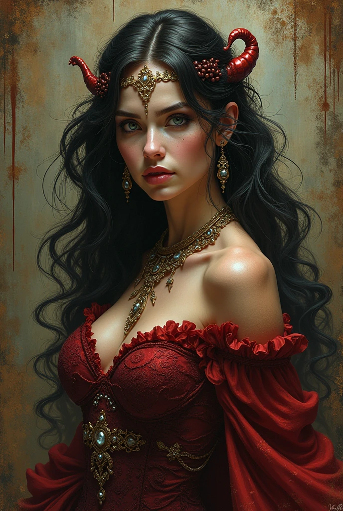 真实感, dark fantasy style, John Tolkien style, Small painting by Jean-Baptiste Monge, Soft facial features, Rocker Girl, Human Hand, Very clear, Without flaws, five fingers, Bright make-up, in a tight short red dress, slight excess weight, Average height, dark pink lips, thin lip shape"bow" ,"Cool eyebrows in the shape of Angryburts, light gray eyes, almond-shaped eyes, looking at away, black long wavy hair, large strands of hair fluttering in the wind , pug nose, Human Hand, Very clear, Without flaws, five fingers, ,In a short dark leather fitted dress with a cutout......., Predatory gaze, There is a motorcycle next to it, Morning City, megalopolis, city trail, big house, glass skyscraper Jean-Baptiste Monge, anthropomorphic --ar 2:3 --testp -optimistic;