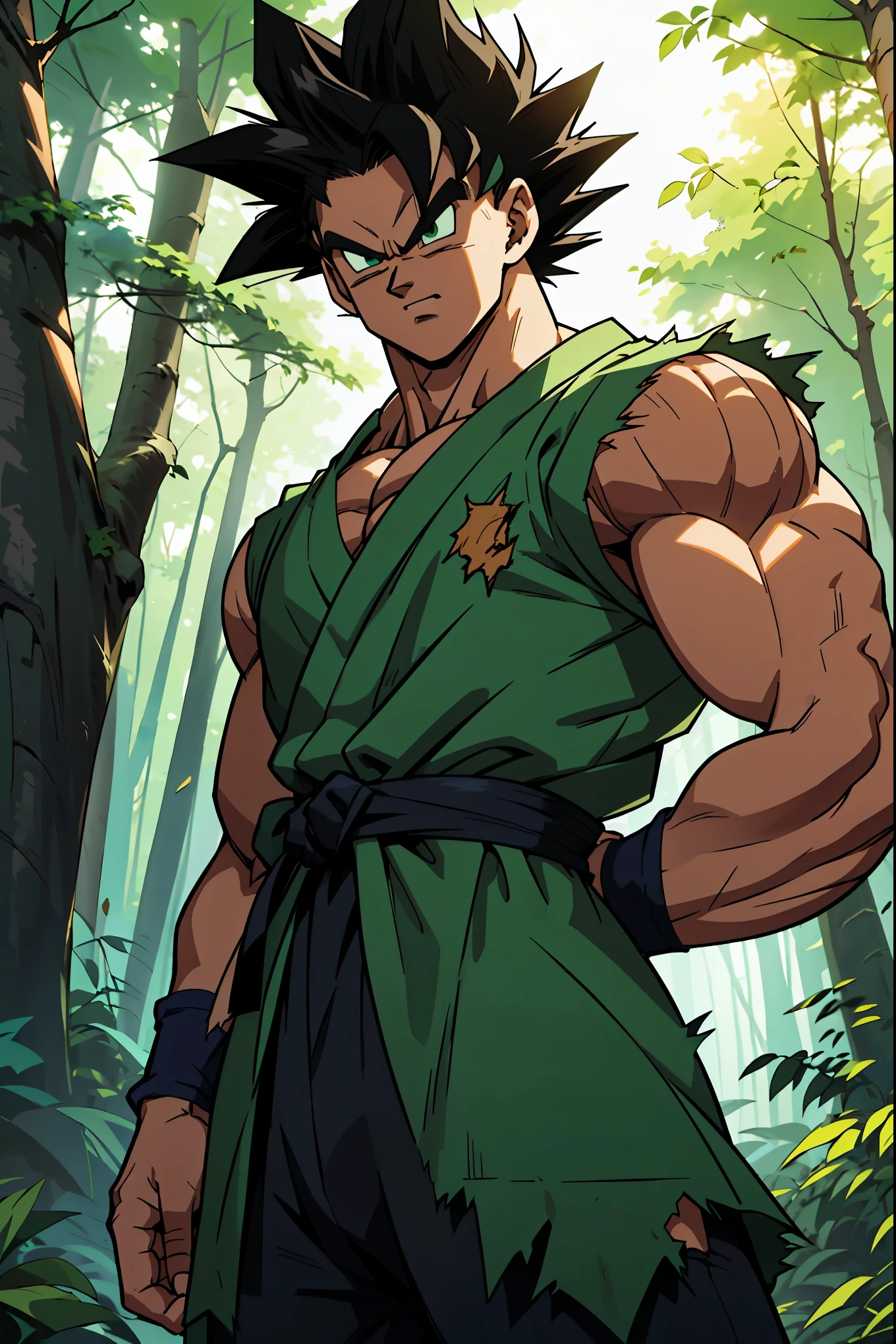 A muscular male anime warrior standing confidently in a lush forest, with spiked black hair styled in a unique, wild pattern, featuring green highlights under the sunlight. His piercing green eyes reflect determination and strength. He wears a battle-worn green gi with black accents, slightly torn at the edges, revealing his toned physique. The gi is tied with a detailed black sash at the waist, and his arms are wrapped with black armbands for a combat-ready appearance. Around him, faint blue-green ki energy radiates subtly, blending with the forest's natural lighting. The background features tall trees with sunlight filtering through, creating a dramatic and serene atmosphere. The art style is inspired by Dragon Ball anime, emphasizing dynamic shading, bold outlines, and vibrant colors. The character exudes power and resilience, perfectly integrating into the Dragon Ball universe