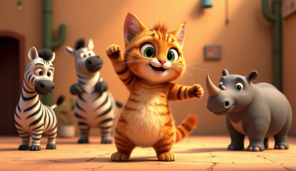 Pixar animated 3D image with vibrant color. Cute fat cat with dark orange fur with straight white stripes. Posing dancing with other animal friends such as zebra, elephant, hippo, rhinoceros.