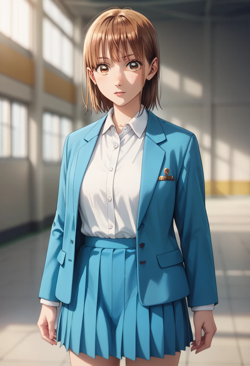 1girl, solo, Chinatsu, blurry background, chool uniform, white shirt, blue skirt, red ribbon, pleated skirt, blazer, blue jacket, looking at viewer, masterpiece, best quality, amazing quality, very aesthetic, absurdres