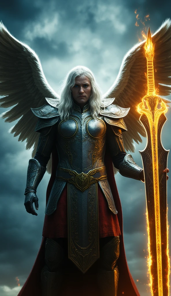 ((masterpiece)) ((photography)) ((Highest quality)) A hyper-realistic depiction of a male warrior angel, standing tall with powerful feathered wings spread wide. His armor gleams with a celestial silver hue, intricately detailed with golden patterns and glowing runes. He wields a massive flaming sword, its blade radiating a fiery aura. His face is stern and determined, with piercing blue eyes and long flowing white hair. The background features a dramatic stormy sky with rays of divine light breaking through the clouds, symbolizing his holy mission. The scene conveys strength, courage, and divine justice.