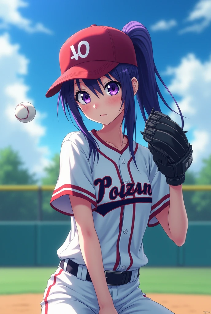 Japanese animation style、High school girl、Baseball uniform 、 Baseball Cap 、left pitcher、Dark Purple Long Hair、single ponytail、 purple pupils