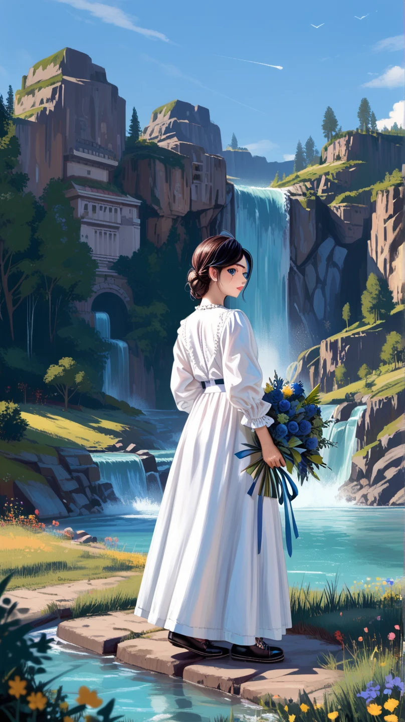 solo, girl\((trunsaya:1.0),old days,20 years old, long white dress, blue eyes, black pupil, long blueberry hair, black shoes,back view,full body,holding bouquet\) standing on top of skyscraper. background\((village view:1.4),(waterfall:1.3),\),(landscape:1.3),score_9, score_8_up, score_7_up, score_6_up, score_5_up, score_4_up, source_anime,source_furry,rating_safe,rating_questionable,masterpiece, best quality, perfect anatomy , very aesthetic , absurdres,scenery, (limited palette:1,2),realistic,good proportion sword