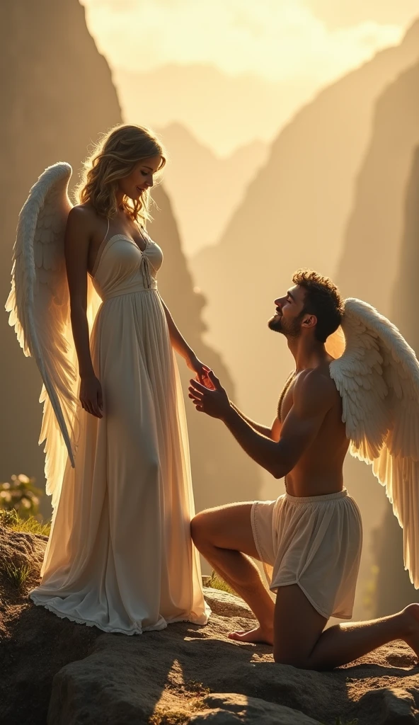 a man with a beard, hair cut back, shirtless, muscular. He is kneeling on the floor. In front of him, he has a beautiful blonde woman with short hair, dressed as a white angel, she is wearing a low-cut semi-permanent white dress, beautiful, well-detailed white angel wings emerge from her back.