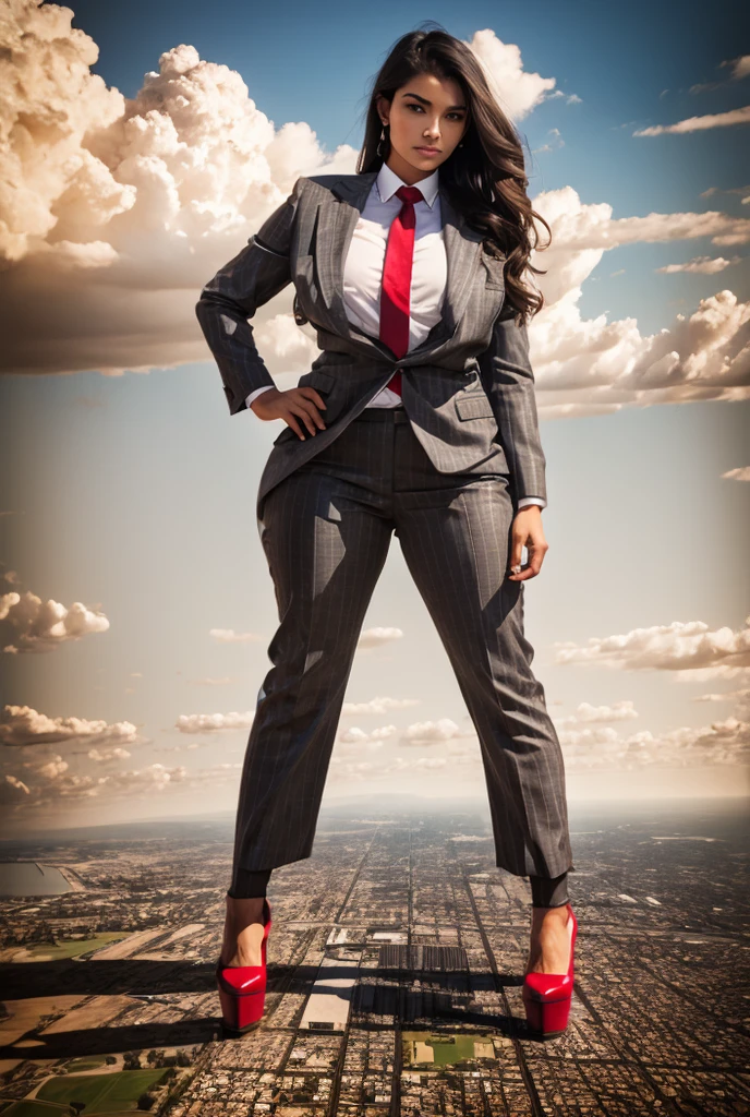 Giantess art, giga giantess, sophisticated and stylish woman in a light grey italian pinstriped trouser suit, form fitting crisp white office shirt, and a large wide red necktie in a windsor knot, with a beautiful, curvaceous figure, large natural breasts, and long hair, with a curvaceous figure and massive breasts. wearing red rounded platform high heels with uncovered feet and standing, rampage-like pose, with a cityscape background of mega-city, urban sprawl, and small towns, partially obscured by a hazy, cloudy atmosphere. The image is a high-resolution, masterpiece-quality, cinematic, ultra-detailed, and hyper-photorealistic photograph, with perfect hands, face, and lighting. ultra-detailed, 8K, photo-realistic, hyper-realistic, masterpiece, intricate details, full body view. Looking at camera, The image is a high-resolution, masterpiece-quality, cinematic, ultra-detailed, and hyper-photorealistic photograph, with perfect hands, face, and lighting. ultra-detailed, 8K, photo-realistic, hyper-realistic, masterpiece, intricate details, full body view