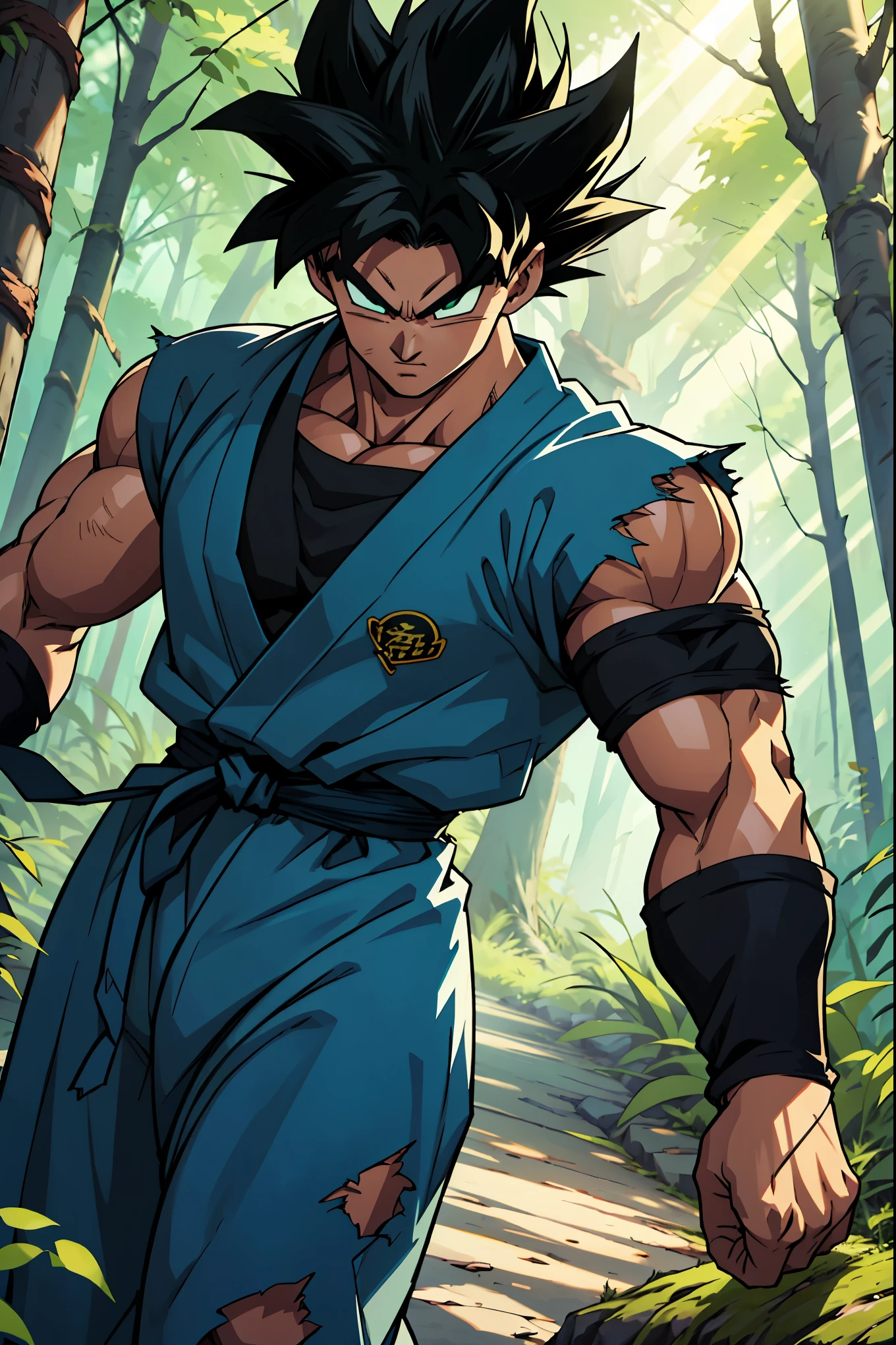 A muscular male anime warrior standing confidently in a lush forest, with spiked black hair styled in a unique, wild pattern, featuring green highlights under the sunlight. His piercing green eyes reflect determination and strength. He wears a battle-worn green gi with black accents, slightly torn at the edges, revealing his toned physique. The gi is tied with a detailed black sash at the waist, and his arms are wrapped with black armbands for a combat-ready appearance. Around him, faint blue-green ki energy radiates subtly, blending with the forest's natural lighting. The background features tall trees with sunlight filtering through, creating a dramatic and serene atmosphere. The art style is inspired by Dragon Ball anime, emphasizing dynamic shading, bold outlines, and vibrant colors. The character exudes power and resilience, perfectly integrating into the Dragon Ball universe