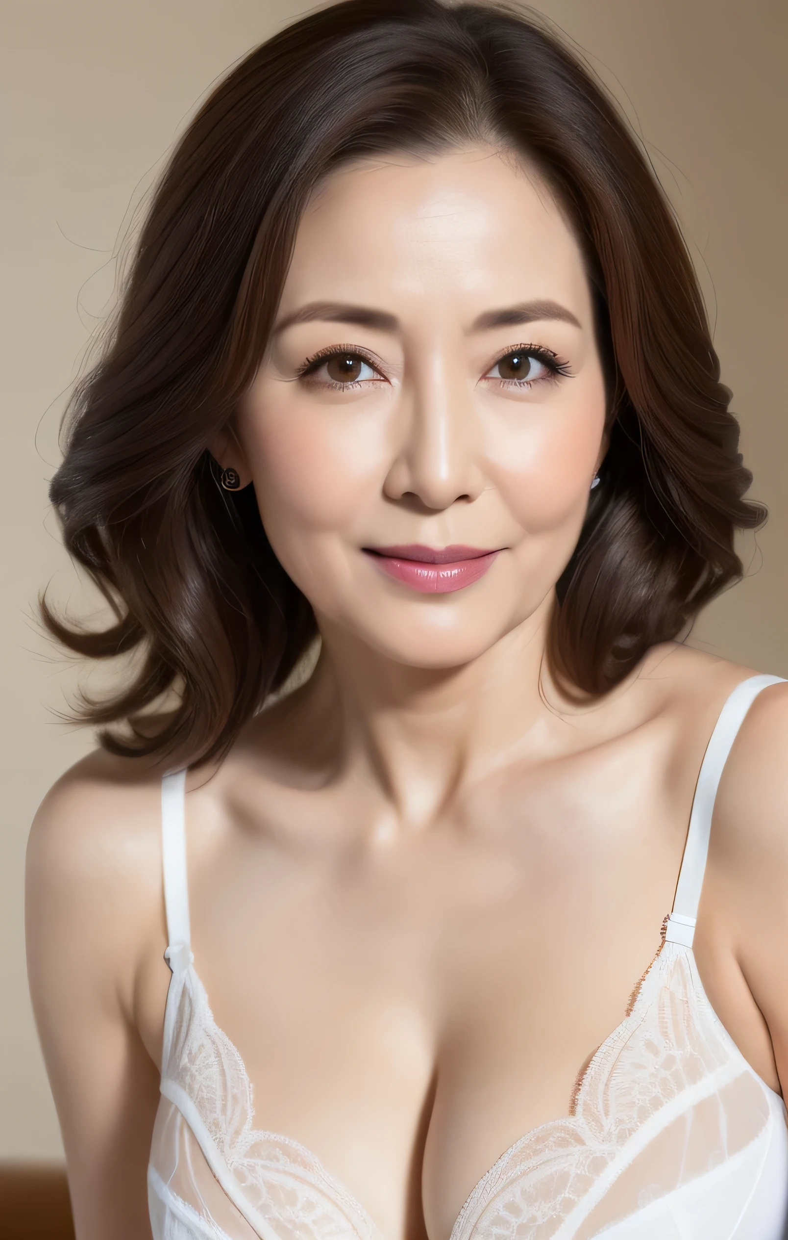 ((highest quality、8K resolution、master masterpiece、professional photography)), Photoreal, (50 year old beautiful mature woman with idol face:1.3), (Wrinkled face:1.2)、upper body photo、(Nude photo from the chest up:1.3)、(solid white background:1.1)、(advertising image:1.1)、wrinkles around the eyes,standing elegantly、(Plump and soft body)、clavicle、(The most elegant and beautiful berry long wavy hair:1.1)、(look at me悲しい表情:1.3)、(look at me:1.1)、((beautiful big breasts、soft cleavage))、perfect makeupアップ、Dark red lipstick、perfect makeup、eye shadow、long eyelashes、(Glossy, fair and glowing skin:1.3)