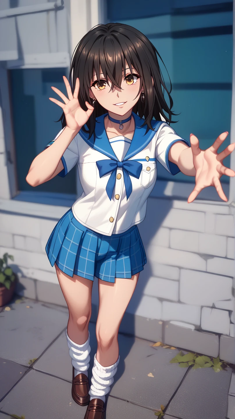 ( super high resolution 、 Max Image、 top quality、 More Details:1.25)、(Himeragi Yukina:1.5)、 1 woman 、solo、 black hair、Shiny Hair、 bangs between eyes、 golden eyes、Glamorous eyes、 textured skin、 sailor suit、Summer uniform、Short sleeve、 miniskirt、 Loose Socks、 brown loafers 、Shiny Earrings、 choker 、 standing、 gravure pose、whole body、front、 from before、Little devil&#39;s smile