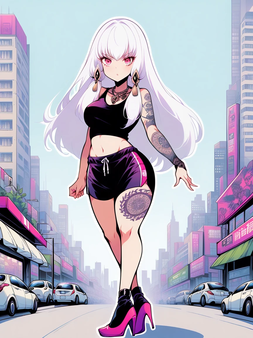 t4ts, tattoos, tattoo, 1girl, Lysithea von ordelia war, white hair, tank top, booty shorts, high heels, pink eyes, standing, city background, crop top, large breasts, 