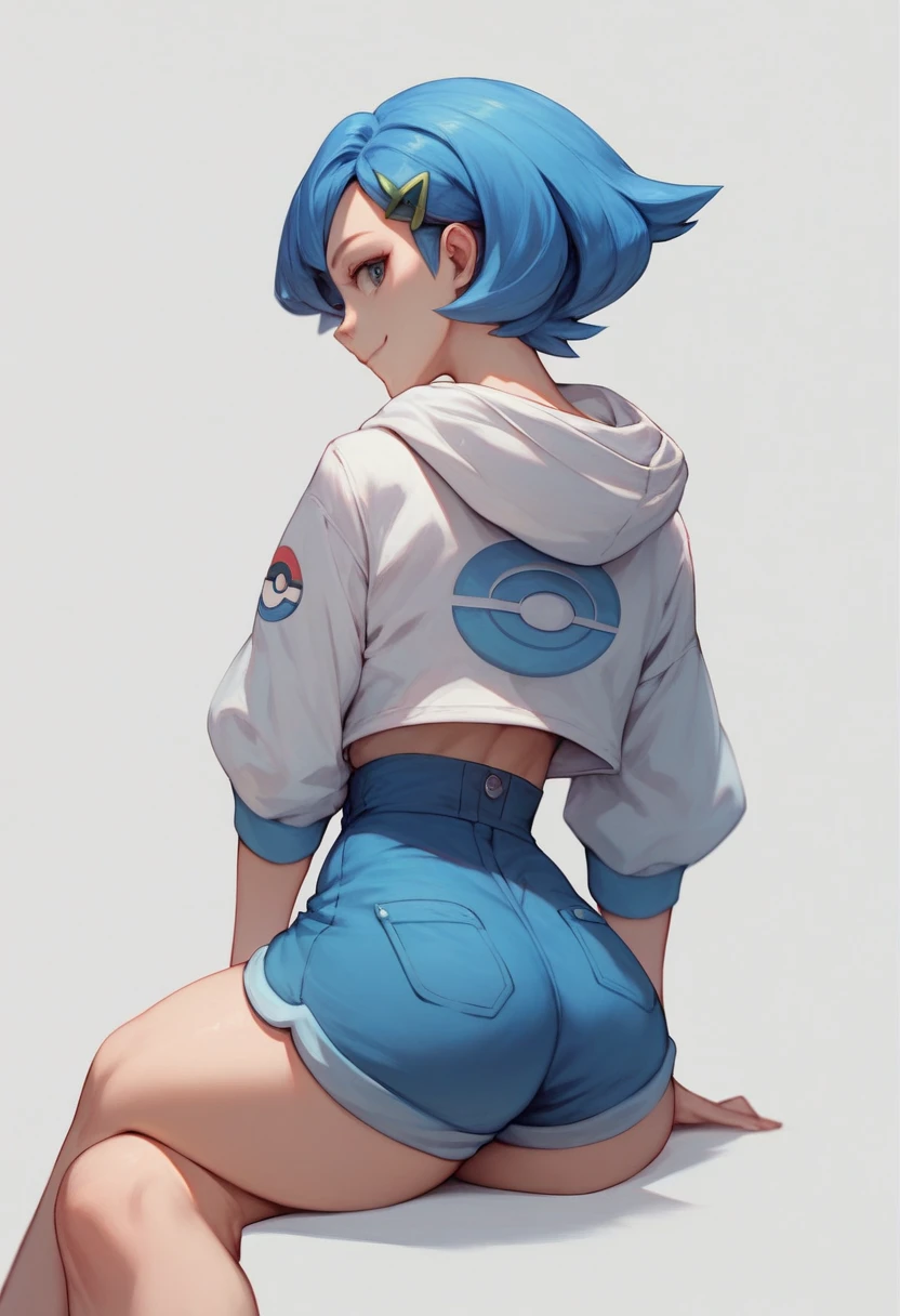 ((masterpiece,best quality)),  liko (pokemon), blue hair, hair clip,  white shirt, hooded jacket, open jacket, blue shorts,  smile, looking at viewer, head tilt, high waist shorts, crossed legs, thick thighs, from behind, back view