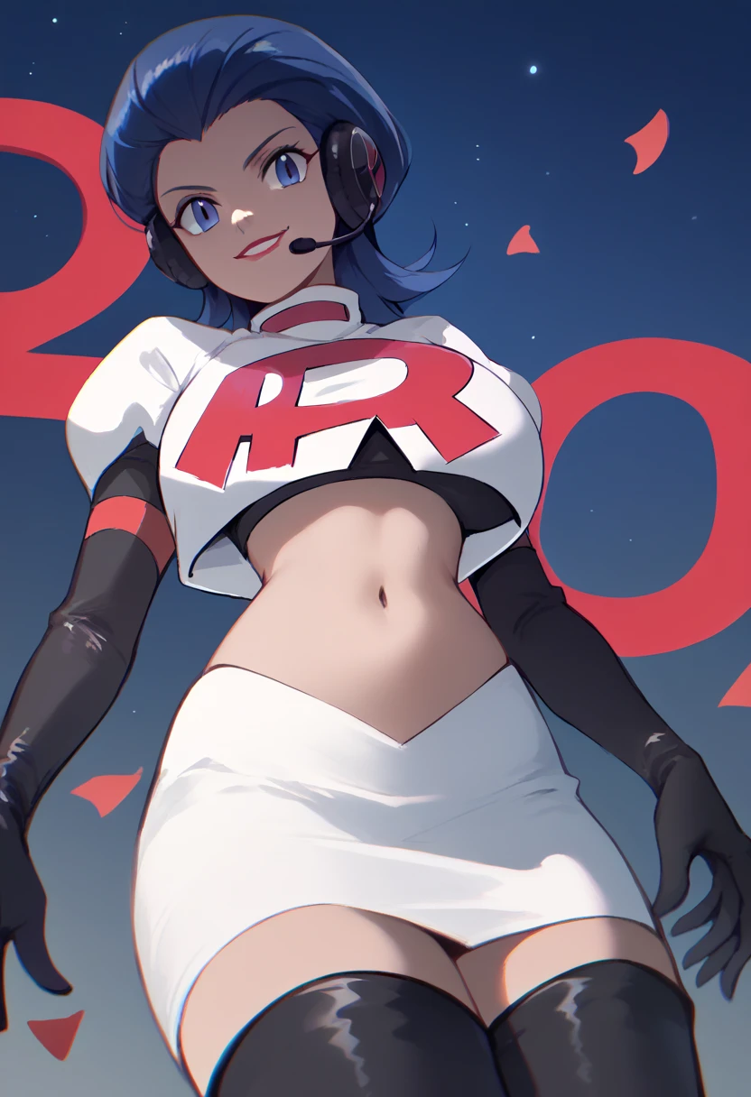 Team rocket, team rocket uniform, red letter R, white skirt,white crop top,black thigh-high boots, black elbow gloves, evil smile, night sky background, headset, large breasts, high-heeled boots, Rihanna