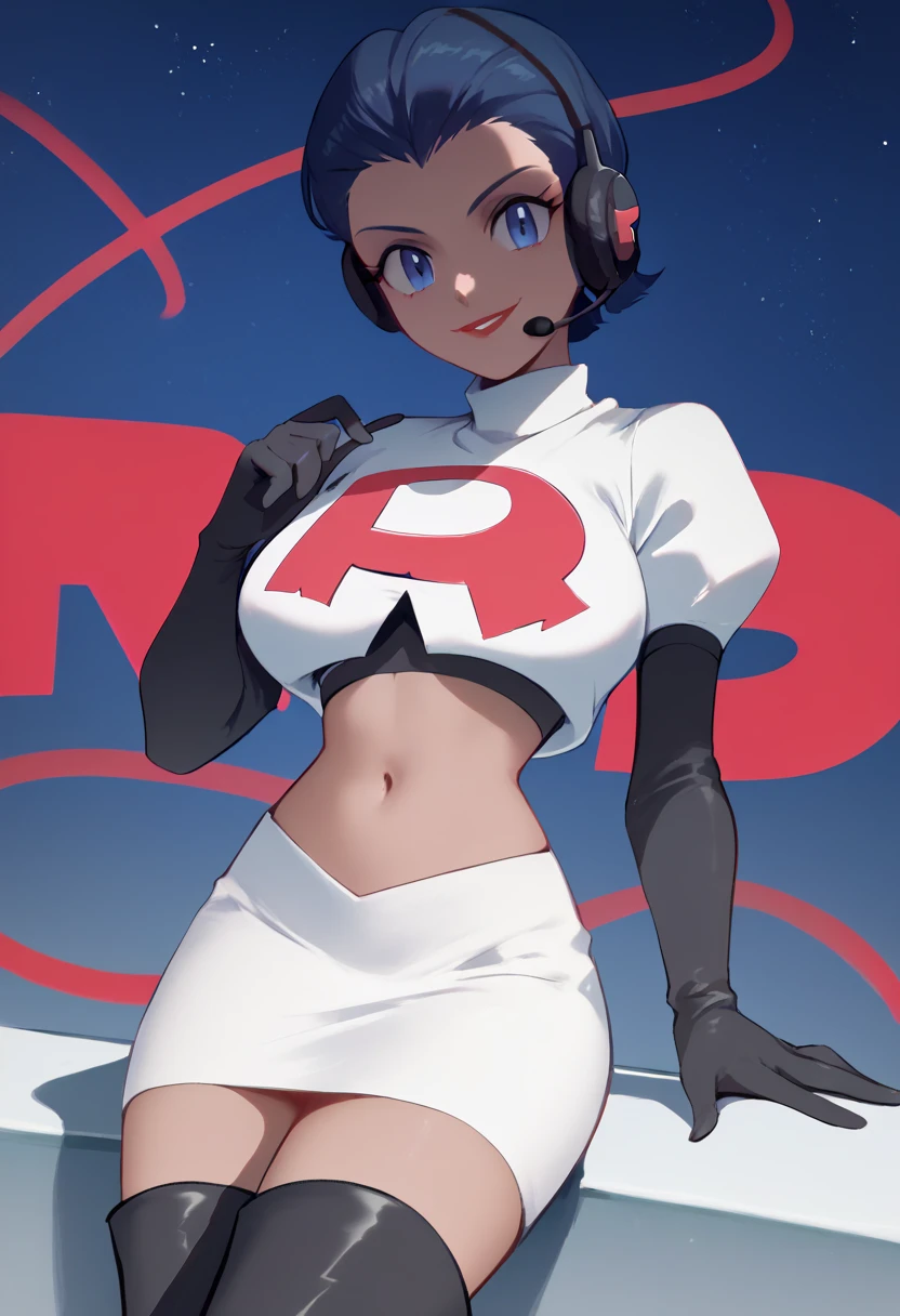 Team rocket, team rocket uniform, red letter R, white skirt,white crop top,black thigh-high boots, black elbow gloves, evil smile, night sky background, headset, large breasts, high-heeled boots, Rihanna