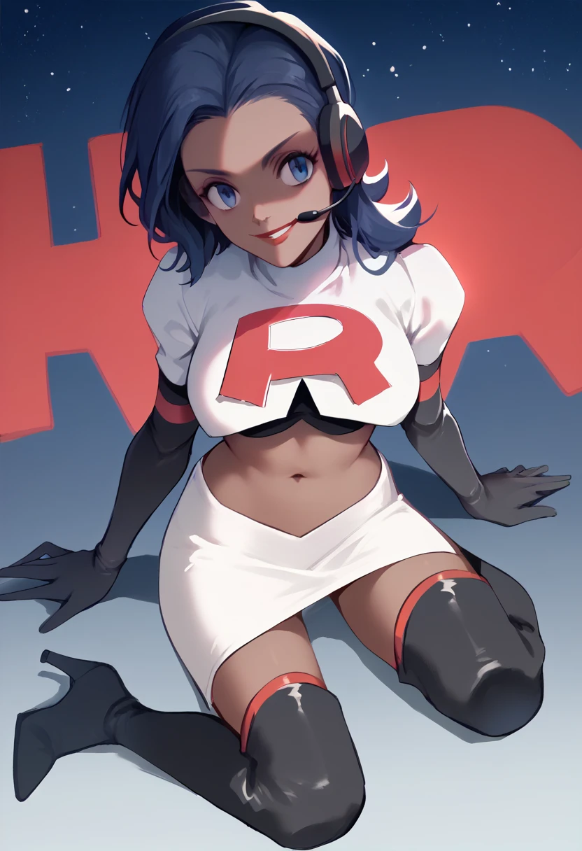 Team rocket, team rocket uniform, red letter R, white skirt,white crop top,black thigh-high boots, black elbow gloves, evil smile, night sky background, headset, large breasts, high-heeled boots, Rihanna