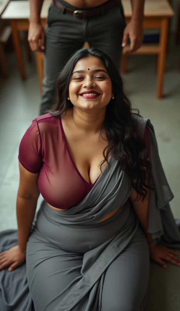 Day scene, full body photo of a plus sized 45 year old indian with a man from top view, (Masterpiece, Best Quality, High Resolution), office Background, (cum Splash on her breasts and face, cum Splash on her face, Splash of cum, cum Splash on her blouse, cum Splash on her eys), Sweet 25 year old South indian women (look like navya nair) sitting on a office chair with a man, hour glass body red lips, golden colour silky gown, lightly makeup,ultra realistic, realistic, look at viewer (cinematic:1.3), intricate details, 