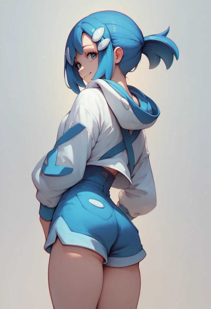 best quality)),  liko (pokemon), blue hair, hair clip,  white shirt, hooded jacket, open jacket, blue shorts,  smile, looking at viewer, head tilt, high waist shorts, standing, thick thighs, from behind, back view