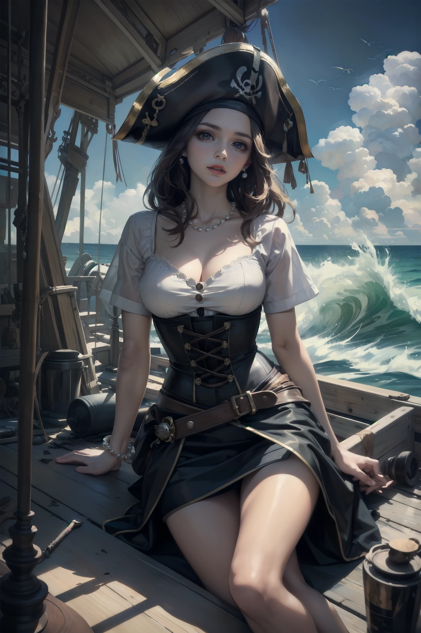 ( Sexy Pirate Woman :1.1, Long Black Hair :1.1,Transparent T-shirt:1.1), Detailed Eyes and Faces , smiles that make you look at, seductive gaze , Bold and Confident Expression ,bright red lipstick , Perfectly Shaped Eyebrows , Fierce and Fierce 々A funny expression, Beautiful Style Hair , Scented Hair , Sensual and Seductive Appearance ,pirate hat,Pirate Sword ,Treasure Map, Wrecked Background , Pirate Ship Going Through Rough Waves , Impressive Pirate Costume with Corset and High Waist Skirt, Bold and Adventurous Poses , Pearl Necklace and Earrings , Pirates of the Caribbean Style , Vivid and Dramatic Colors , contrast between light and shadow , Soft and Warm Lighting Effects , Scents of Ocean Breeze and Tide , Scents of Ocean Breeze and Tide , Sea Creatures Surrounding Her , Provocative and Mysterious Atmosphere , high definition illustration , realistic textures and details .