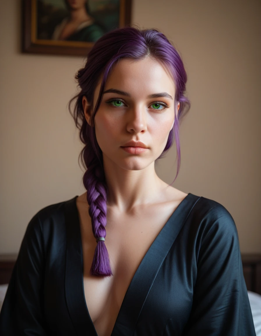 realistic high quality portrait of a beautiful long-haired woman with violet hair in a simple braid, wearing a short black kimono, green eyes, closed mouth, legs and bust visible, in a bedroom setting, (best quality,4k,8k,highres,masterpiece:1.2),ultra-detailed,(realistic,photorealistic,photo-realistic:1.37),detailed eyes,detailed lips,extremely detailed face,longeyelashes,elegant,sensual,moody lighting,warm color tones