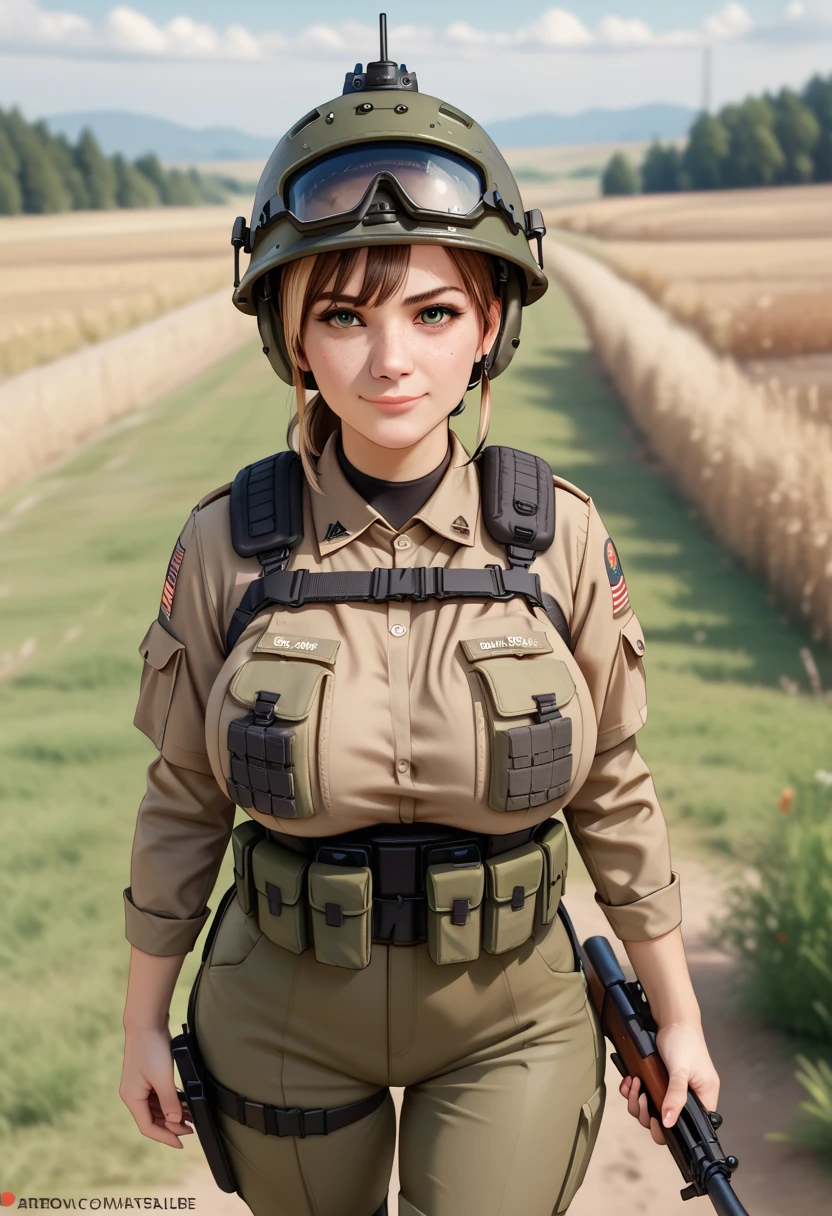 <lora:3ly2:0.6>, outdoors, mountain, looking at viewer, (full body), indoors, standing, brown boots, 1girl, huge breasts, camouflage pants, black belt, shirt tucked in, green shirt, <lora:bootsnutes3-10:0.6> bootsnutes