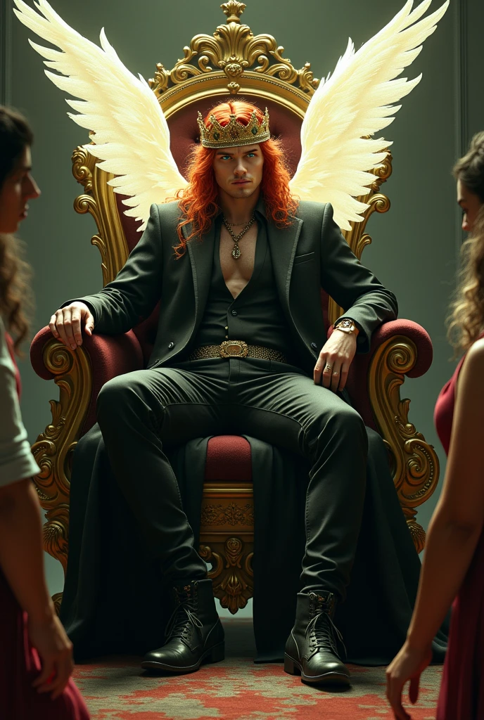 A man with a masculine face, pinkish white skin, a body structured like red underwear, natural red curly hair , 
 very handsome sitting on a golden throne with two other young men at his side with chains around their necks like the devil card in the tarot with a crown with deer antlers on his head 