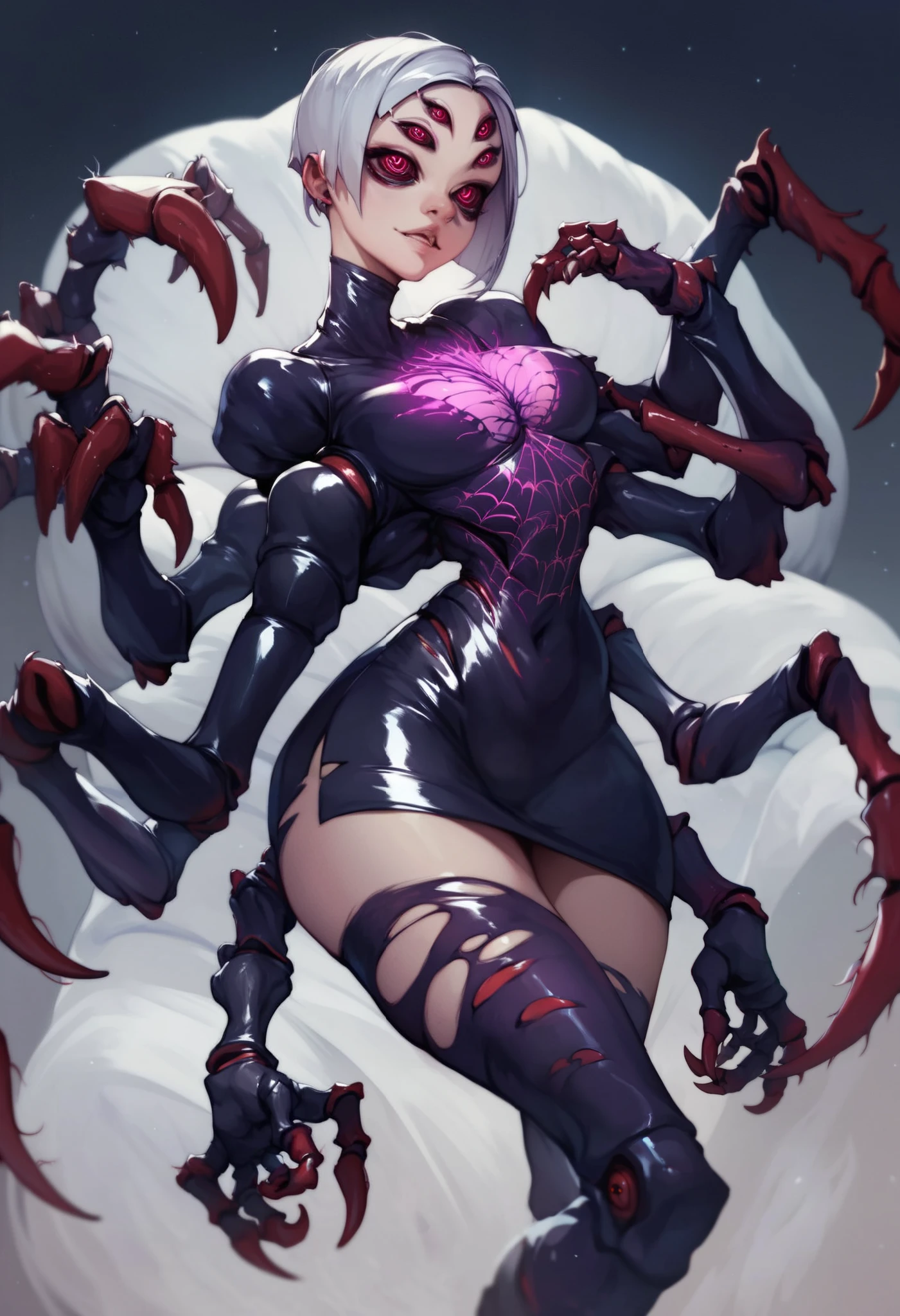 Spider cyborg girl. Many arms. Spider eyes on forehead. Horror eyes. Facial tattoo. Silver hair. Glowing chest. Latex. Black and purple costume. Mechanical skirt. Insect legs from waist. Sharp claws. High leg cut. Dark background.