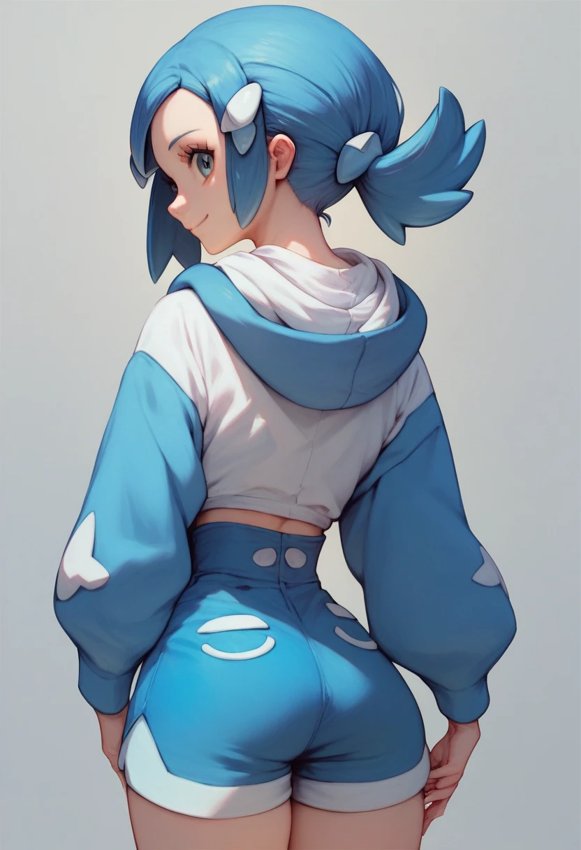 best quality)),  liko (pokemon), blue hair, hair clip,  white shirt, hooded jacket, open jacket, blue shorts,  smile, looking at viewer, head tilt, high waist shorts, standing, thick thighs, from behind, back view, shirt tucked in