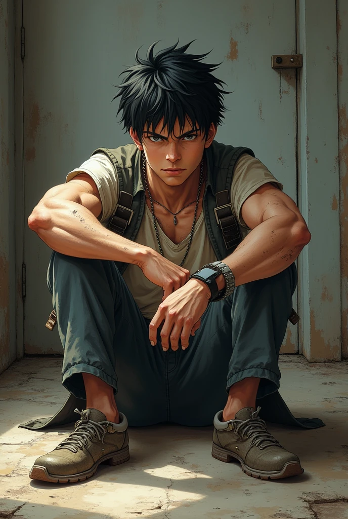 A handsome Japanese man with his feet tied with rope while wearing his shoes