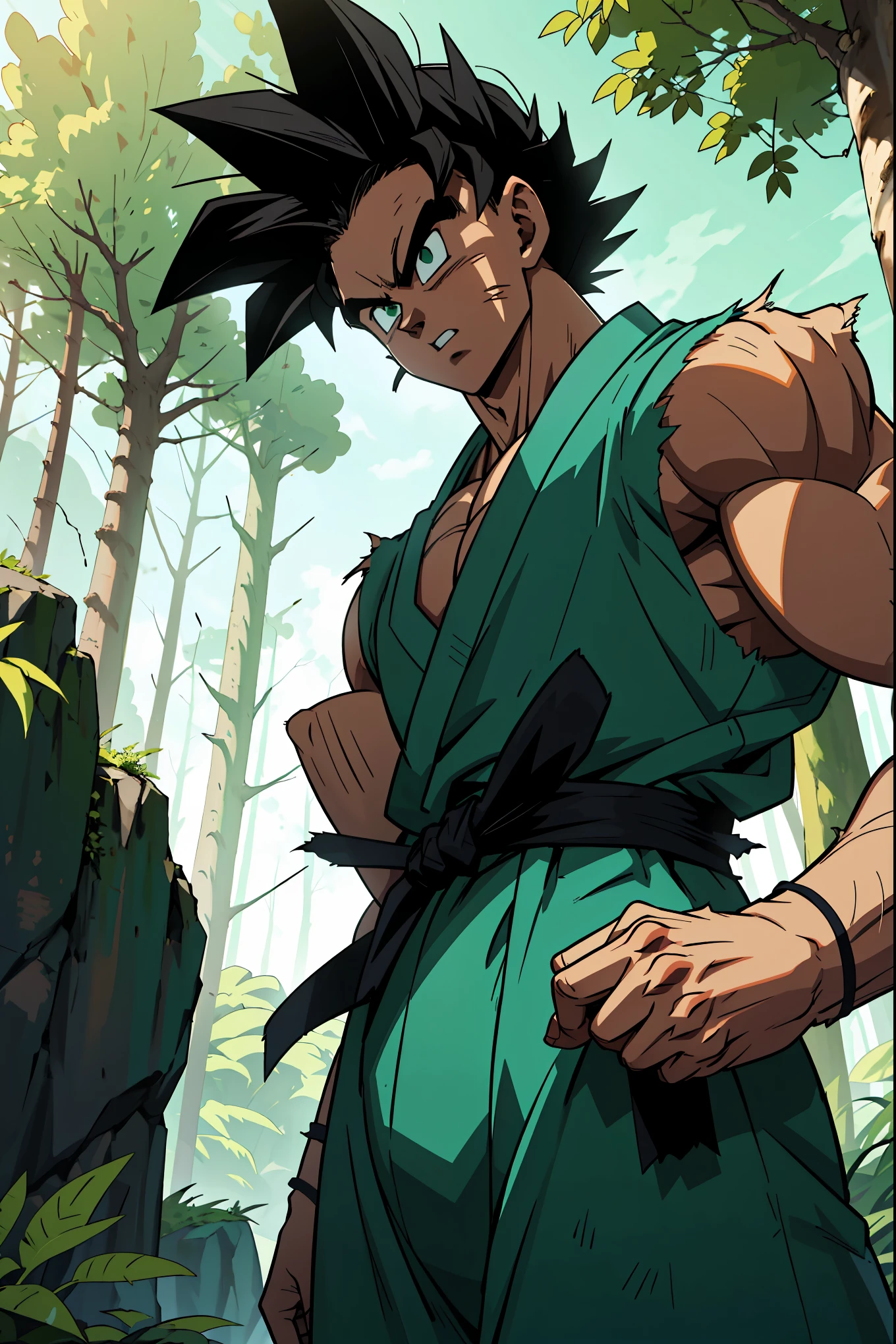 A muscular male anime warrior standing confidently in a lush forest, with spiked black hair styled in a unique, wild pattern, featuring green highlights under the sunlight. His piercing green eyes reflect determination and strength. He wears a battle-worn green gi with black accents, slightly torn at the edges, revealing his toned physique. The gi is tied with a detailed black sash at the waist, and his arms are wrapped with black armbands for a combat-ready appearance. Around him, faint blue-green ki energy radiates subtly, blending with the forest's natural lighting. The background features tall trees with sunlight filtering through, creating a dramatic and serene atmosphere. The art style is inspired by Dragon Ball anime, emphasizing dynamic shading, bold outlines, and vibrant colors. The character exudes power and resilience, perfectly integrating into the Dragon Ball universe