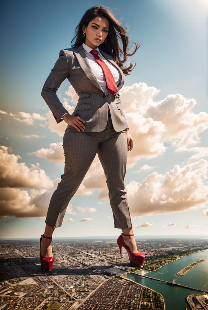 Giantess art, giga giantess, sophisticated and stylish woman in a light grey italian pinstriped trouser suit, form fitting crisp white office shirt, and a large wide red necktie in a windsor knot, with a beautiful, curvaceous figure, large natural breasts, and long hair, with a curvaceous figure and massive breasts. wearing red rounded platform high heels with uncovered feet and standing, rampage-like pose, with a cityscape background of mega-city, urban sprawl, and small towns, partially obscured by a hazy, cloudy atmosphere. The image is a high-resolution, masterpiece-quality, cinematic, ultra-detailed, and hyper-photorealistic photograph, with perfect hands, face, and lighting. ultra-detailed, 8K, photo-realistic, hyper-realistic, masterpiece, intricate details, full body view. Looking at camera, The image is a high-resolution, masterpiece-quality, cinematic, ultra-detailed, and hyper-photorealistic photograph, with perfect hands, face, and lighting. ultra-detailed, 8K, photo-realistic, hyper-realistic, masterpiece, intricate details, full body view