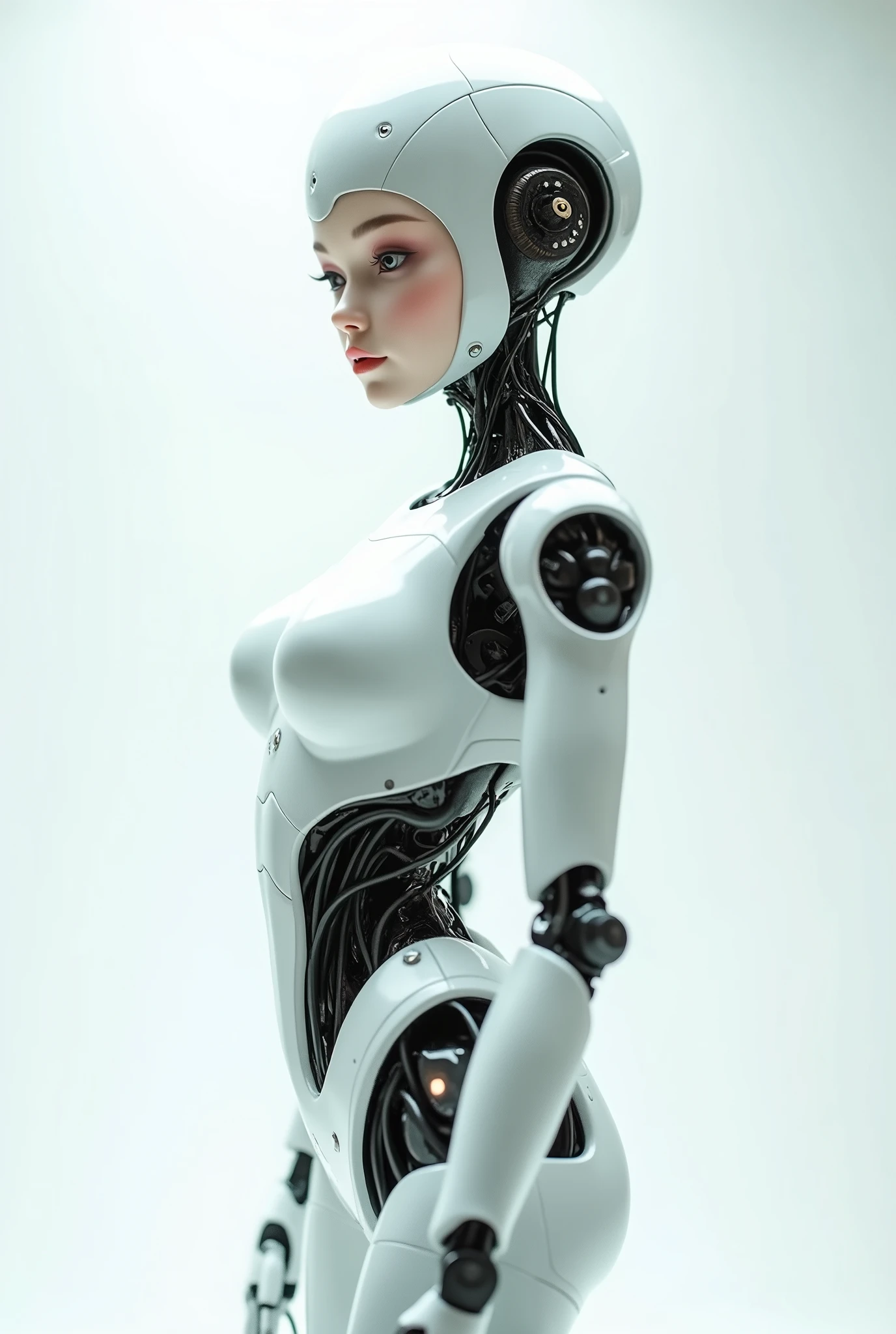 A striking, modern portrait of a curvy and luxurious female robot character, meticulously crafted from white Fabergé withexquisite black details. The sleek, ornate design highlights intricate patterns and designs that accentuate her curves, resulting in a bold and eye-catching appearance. Her metallic body shimmers under the light, creating a contrast with the minimalistic cyan blue background that harmoniously enhances her style. The overall composition exudes a sense of edginess and sophistication, making her a truly captivating and unique creation.