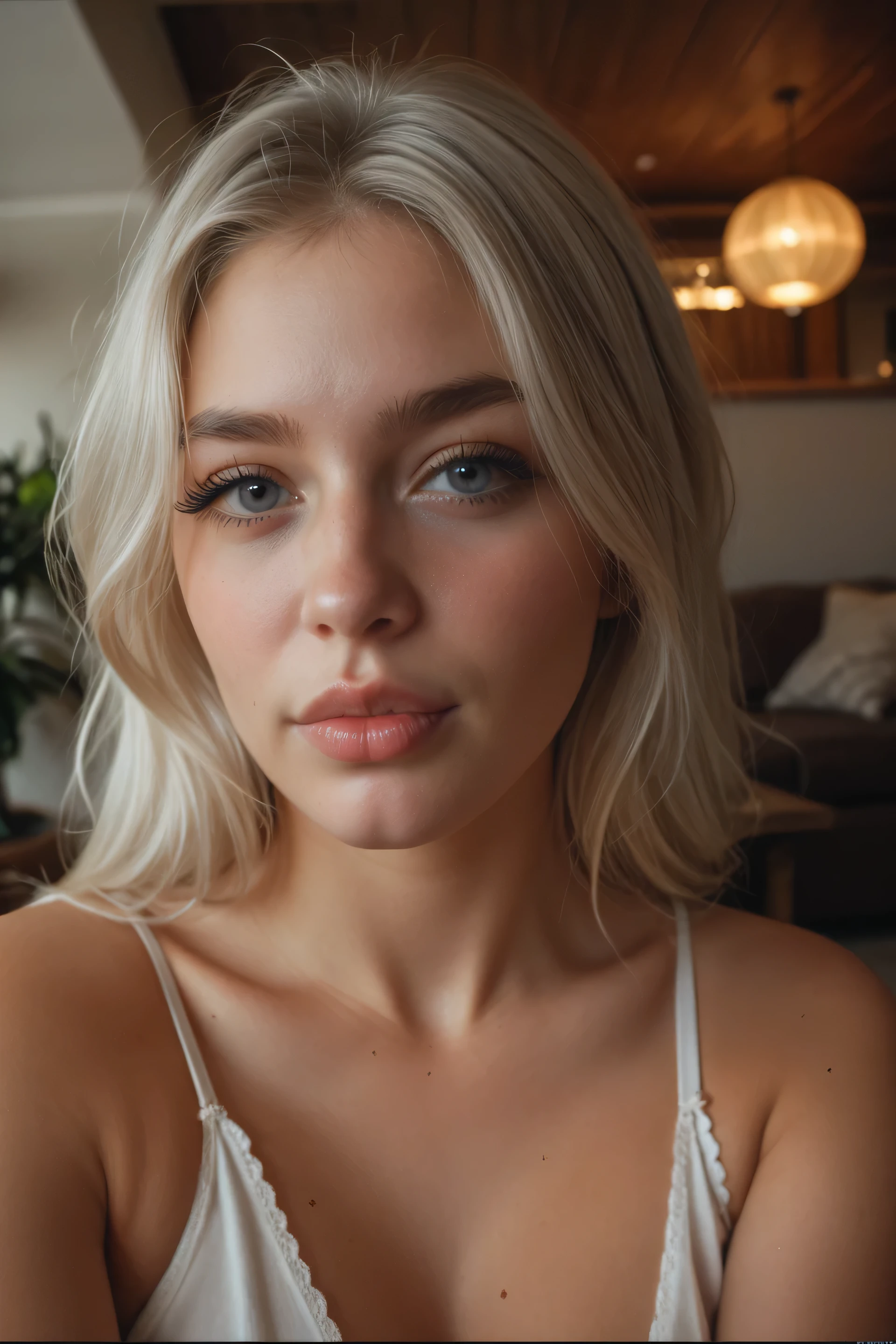 23-year-old white woman in 4K . warm lighting , with harmonious features , pronounced cheekbones , long eyelashes and clear and soft skin without imperfections. Big dark blue human eyes, well done and with tiny detail . full and shiny lips . platinum blonde hair , smooth and frizz-free , framing her face. She is in a living room, with soft front light , ultra realistic