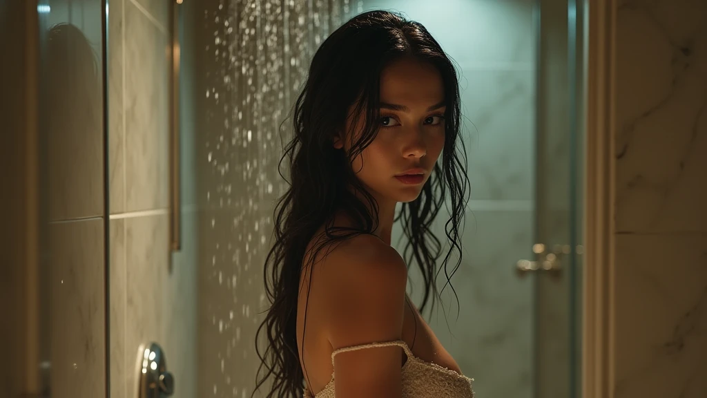 Cinematic shot of Savita in a stylish bathroom, water streaming around her as she turns, caught off guard looking at the viewer with a surprised expression. The background features sleek spaceship panels seamlessly blending into the bathroom design, dynamic angles, photorealistic lighting, hyper-detailed, directed by James Cameron
