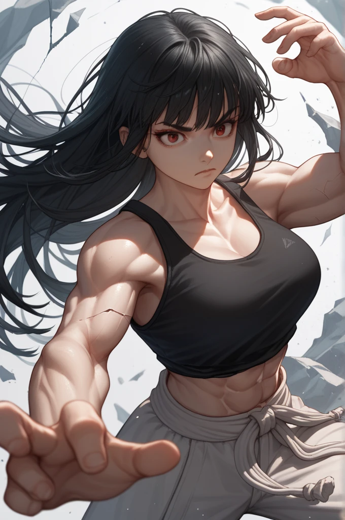 8K, complex, elegant, Highly detailed, Majestic, Digital photography, cowboy lens, surrealism painting, Broken rubies, Beating magic, Entwined fire magic, (Masterpiece, Side light, Fine beautiful eyes: 1.2), hdr, Void 5 Energy Storm, (Chinese girl, Black eyes: 1.5), Pale skin, Glowing skin, ( Sitting on a stone: 1.5), Delicate face, Black hair, Wearing palatial red armor, Bare shoulders, navel, Short skirt, Exquisite red armor, rained, Beautiful, Looking at the audience, Turn away from the camera, Masterpiece, Upper body,Portrait,Muscular,musculature,Strong,Abs