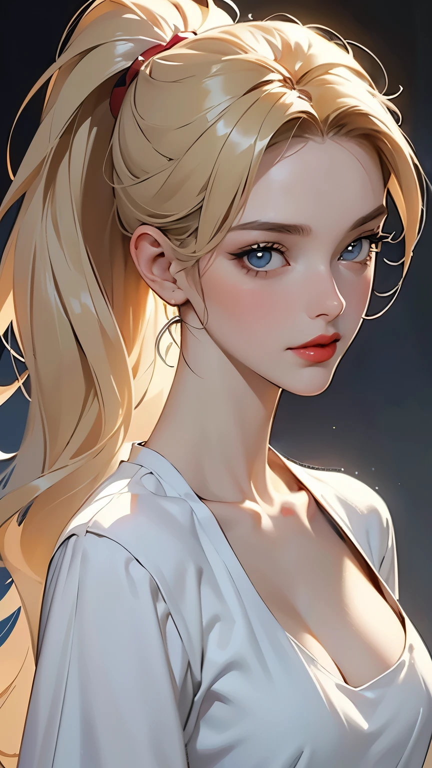  unrivaled masterpiece, Ultra-realistic 8K CG, perfect artwork, (( image of the perfect woman)),   mature, Slim waist,  seductive , clean,  beautiful face, { very delicate and beautiful girl } , 8k wallpaper, {{{masterpiece}} },  1 girl, Blonde,  blue eyes,  ponytail,  Police Uniform, gem, lips, lipstick,  long hair, Spectators, compensate, lips,  red lips,  simple background, Alone,  upper body, (shiny skin),