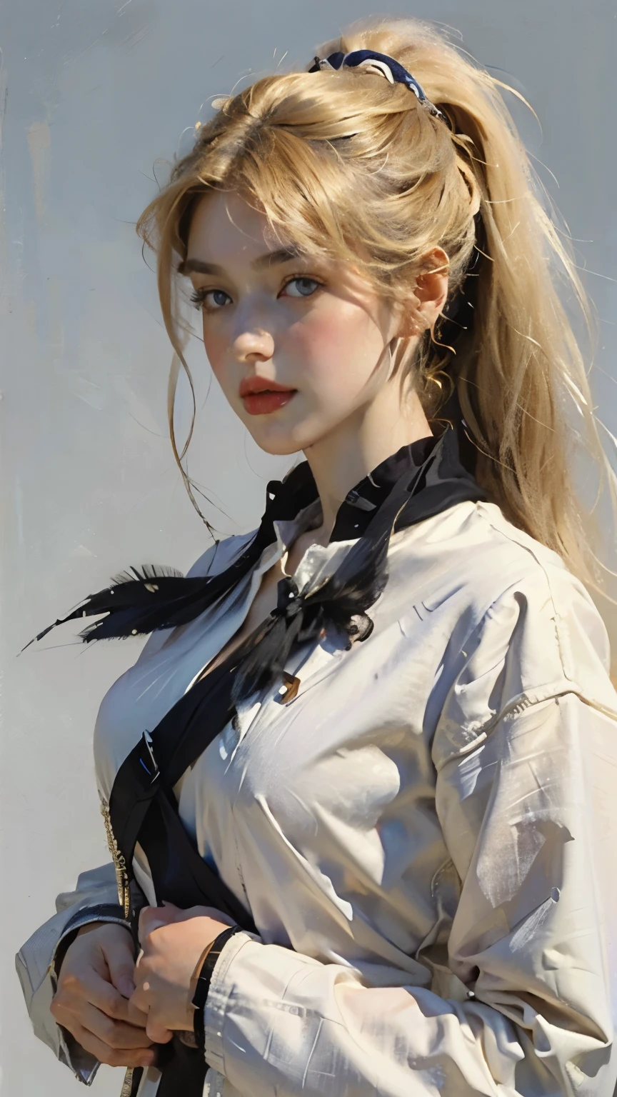  unrivaled masterpiece, Ultra-realistic 8K CG, perfect artwork, (( image of the perfect woman)),   mature, Slim waist,  seductive , clean,  beautiful face, { very delicate and beautiful girl } , 8k wallpaper, {{{masterpiece}} },  1 girl, Blonde,  blue eyes,  ponytail,  Police Uniform, gem, lips, lipstick,  long hair, Spectators, compensate, lips,  red lips,  simple background, Alone,  upper body, (shiny skin),