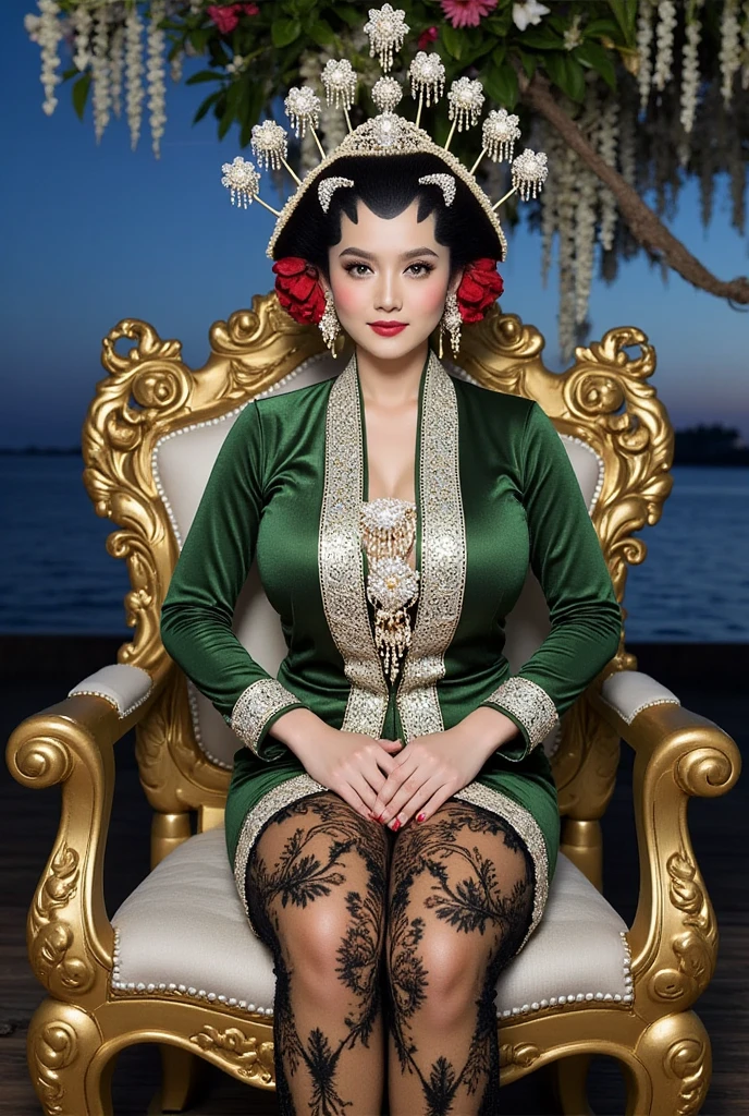  woman in traditional traditional Javanese dress green. Green Javanese traditional batik sarong.  silver , cuffs, collar,  gold crown on his head  .  in front of the camera . skin detail. fine. Good.  And nice . A seductive white skin .  Inside the room of an intricately carved palace.  Sitting on an intricately carved gold chair . Intricately carved bed . Blue sea background . No light Dark night . °mix4 , 20d,hyper-realistic:1.37),16K HD