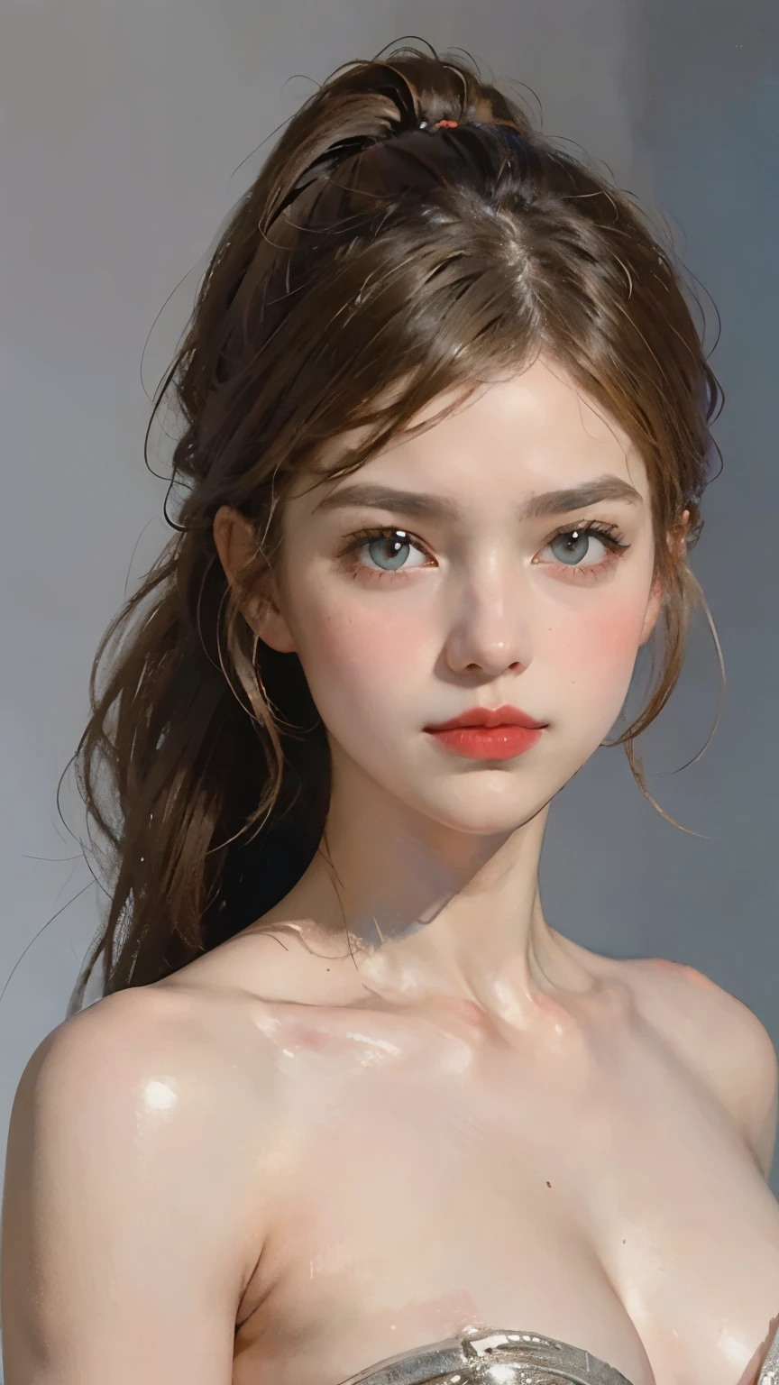  unrivaled masterpiece, Ultra-realistic 8K CG, perfect artwork, (( image of the perfect woman)),   mature, Slim waist,  seductive , clean,  beautiful face, { very delicate and beautiful girl } , 8k wallpaper, {{{masterpiece}} },  1 girl, Blonde,  blue eyes,  ponytail,  Police Uniform, gem, lips, lipstick,  long hair, Spectators, compensate, lips,  red lips,  simple background, Alone,  upper body, (shiny skin),