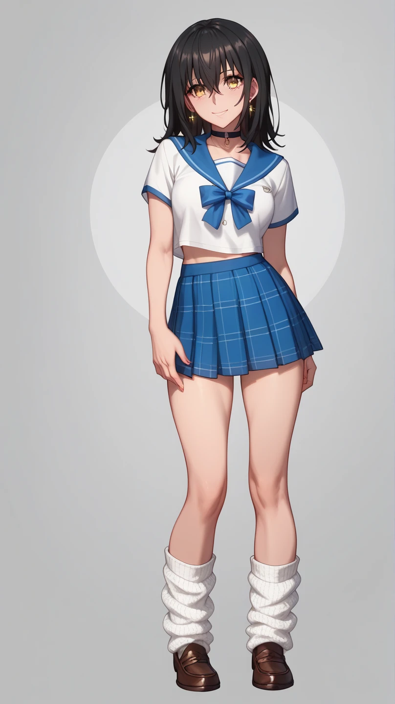 ( super high resolution 、 Max Image、 top quality、 More Details:1.35)、(Himeragi Yukina:1.25)、 1 woman 、solo、 black hair、Shiny Hair、 bangs between eyes、 golden eyes、Glamorous eyes、 textured skin、 sailor suit、Summer uniform、Short sleeve、 miniskirt、 Loose Socks、 brown loafers 、 skirt soars up 、 black sexy lingerie、Shiny Earrings、 choker 、 standing、whole body、front、 from before、Little devil&#39;s smile